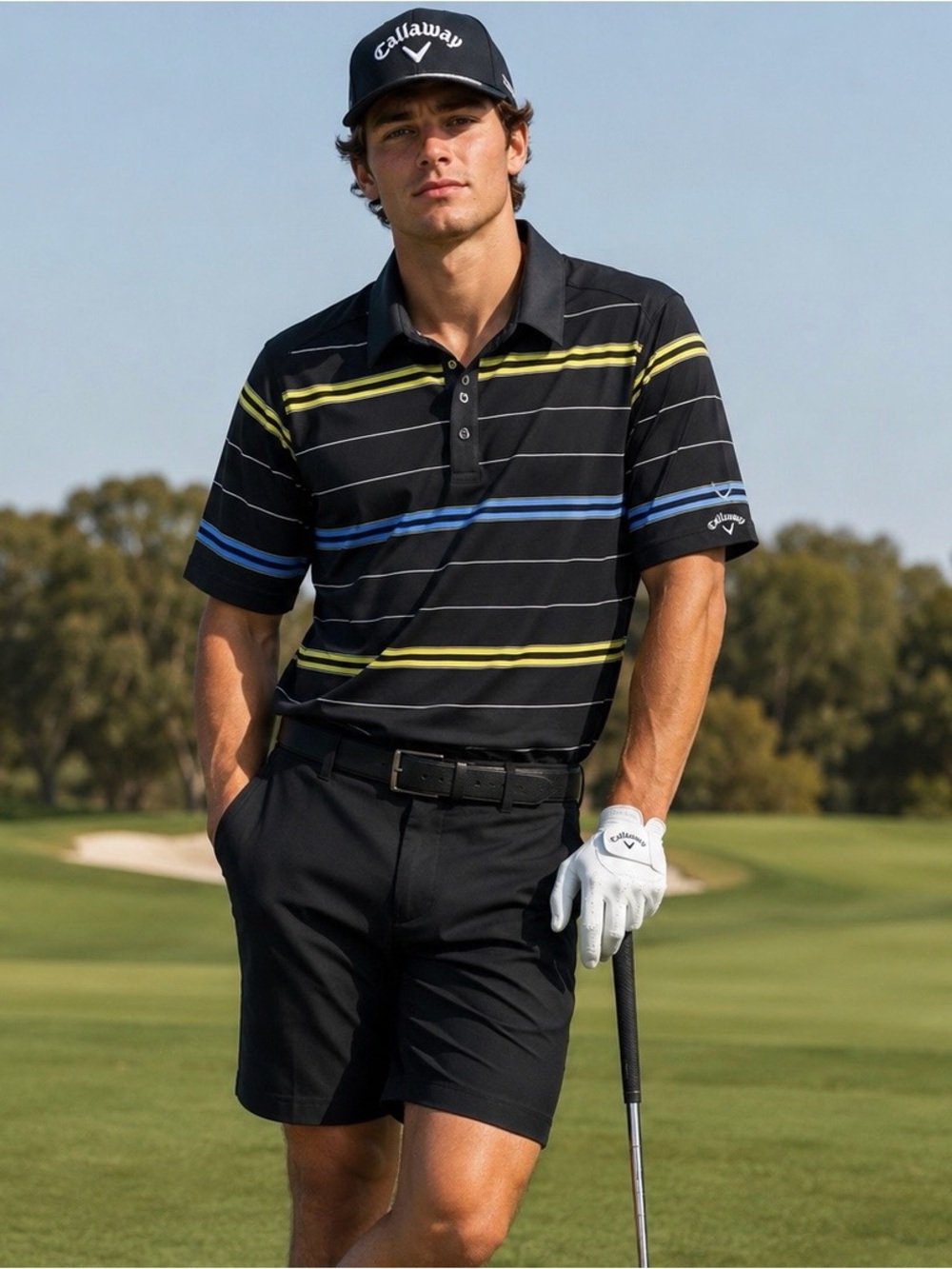 Callaway Black Polo with Yellow and Blue Stripes